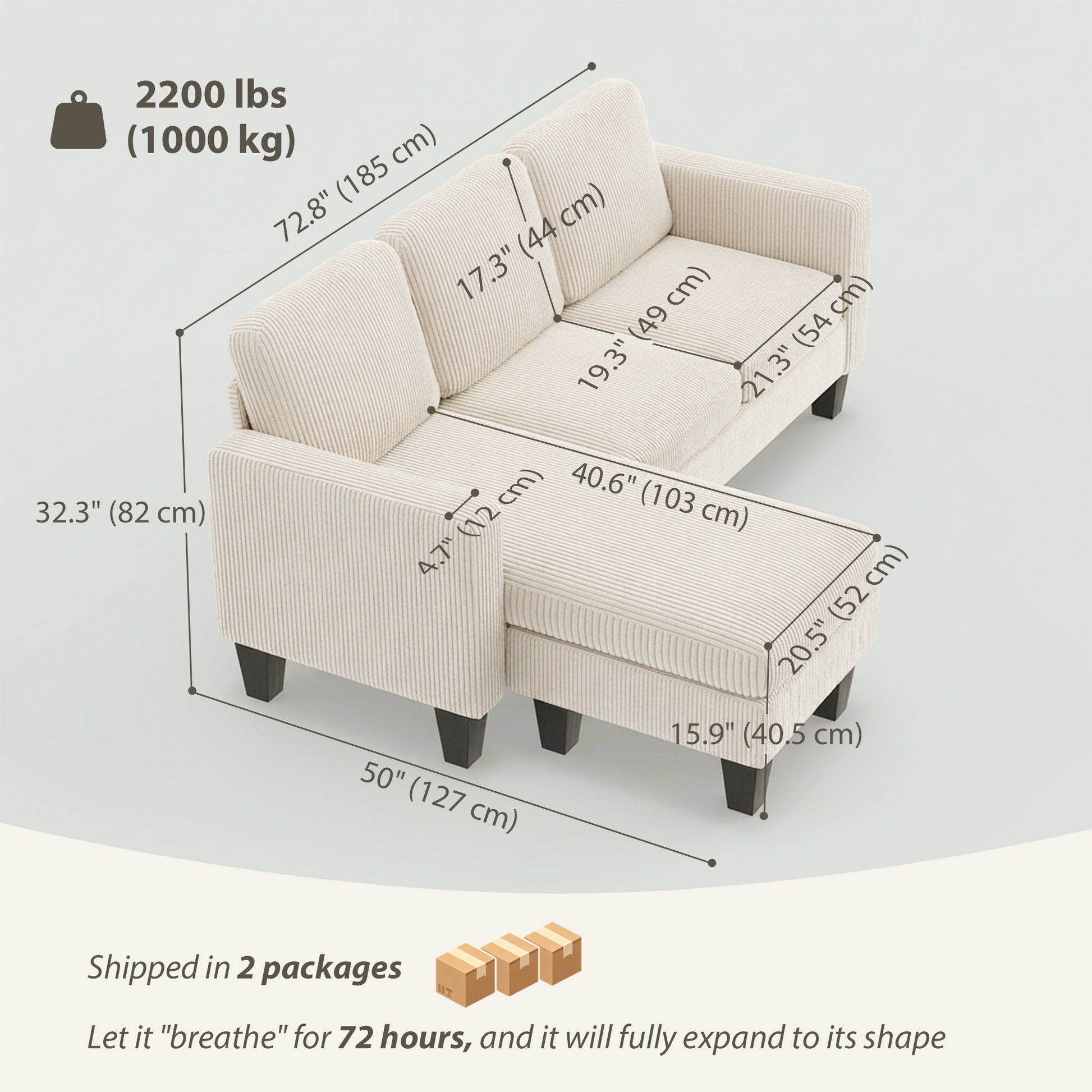 Sectional Sofa, L Shaped Couch, with Changeable Chaise or Ottoman, Cream White