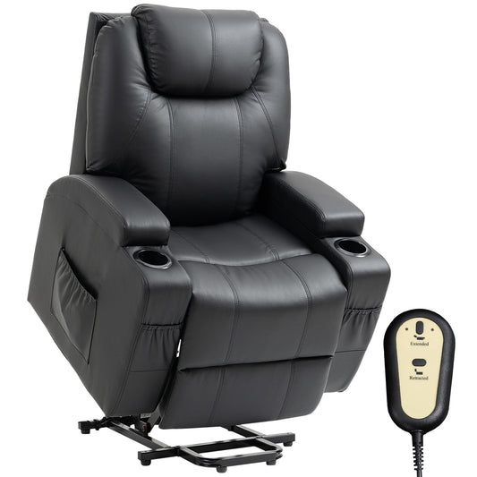 Power Lift Recliner Chair for Elderly, PU Leather Lift Chair with Thick and High Back, Footrest, Remote, Side Pockets, Cup Holders, Reclining Sofa for Living Room, Black