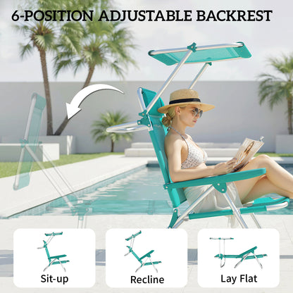 2 Piece Folding Beach Chairs with Adjustable Canopy, 6-Position Reclining Lounge Chair with Headrest, Turquoise