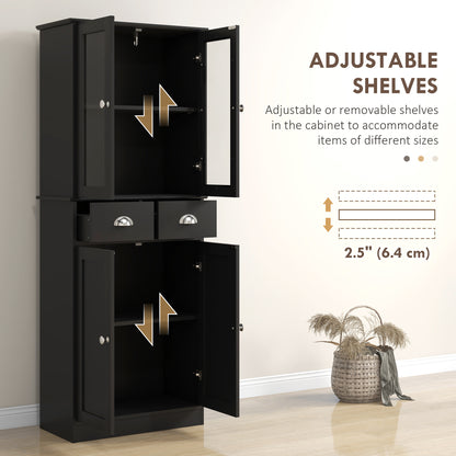 61" Kitchen Pantry Cabinet, Freestanding Farmhouse Buffet Storage Cabinet with Soft Close Glass Doors and Adjustable Shelves, Black