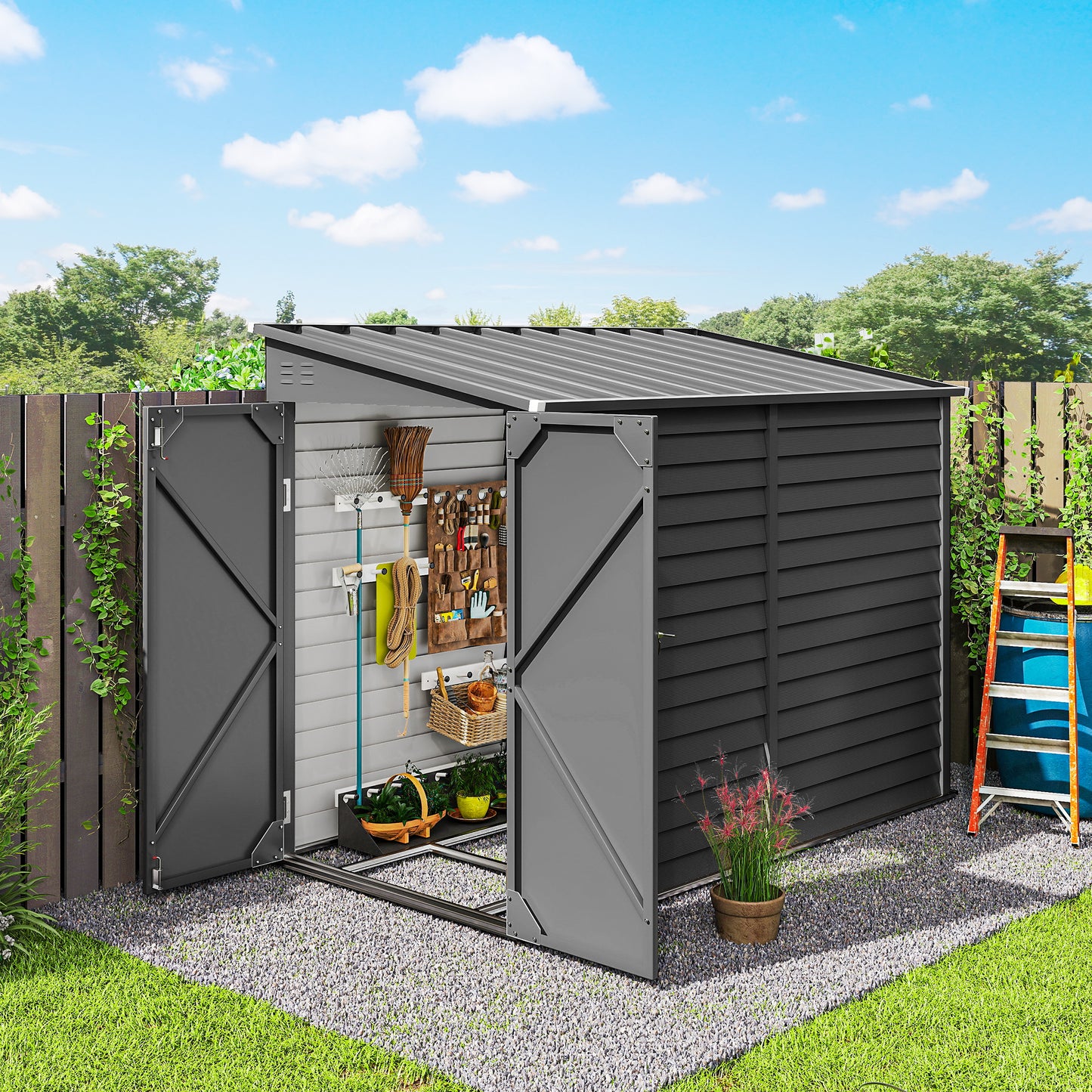 4.6' x 9' Steel Outdoor Storage Shed, Lean to Shed, Metal Tool House with Foundation Kit, Lockable Doors, Gloves and 2 Air Vents for Backyard, Patio, Lawn, Dark Grey