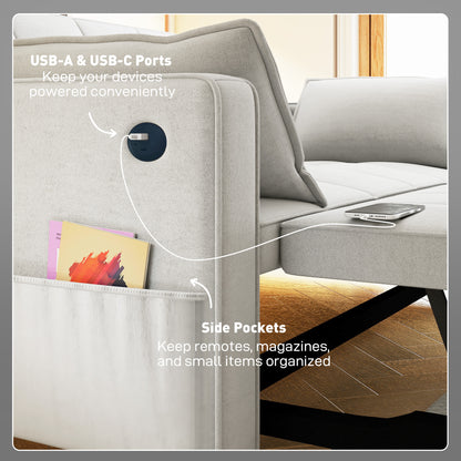 3‑in‑1 Convertible Sofa Bed, Pull Out Sleeper Sofa with USB Charging, Adjustable Backrest, Side Pockets, Beige
