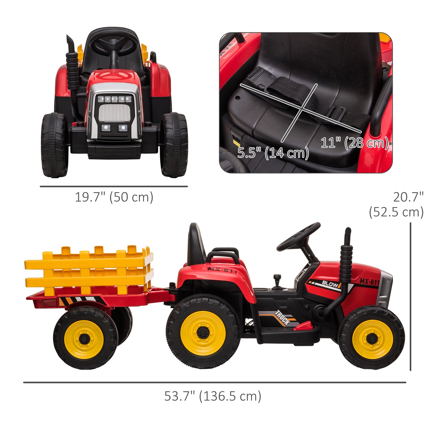 Aosom 12V Kids Ride on Tractor with Trailer, Remote Control, Music Start up Sound and Horn, USB, LED Lights, Red