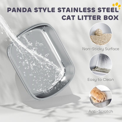Panda Style XL Stainless Steel Cat Litter Box with Lid, Enclosed Kitty Litter Box with Scoop, 23.7" x 15.9" x 17.6"