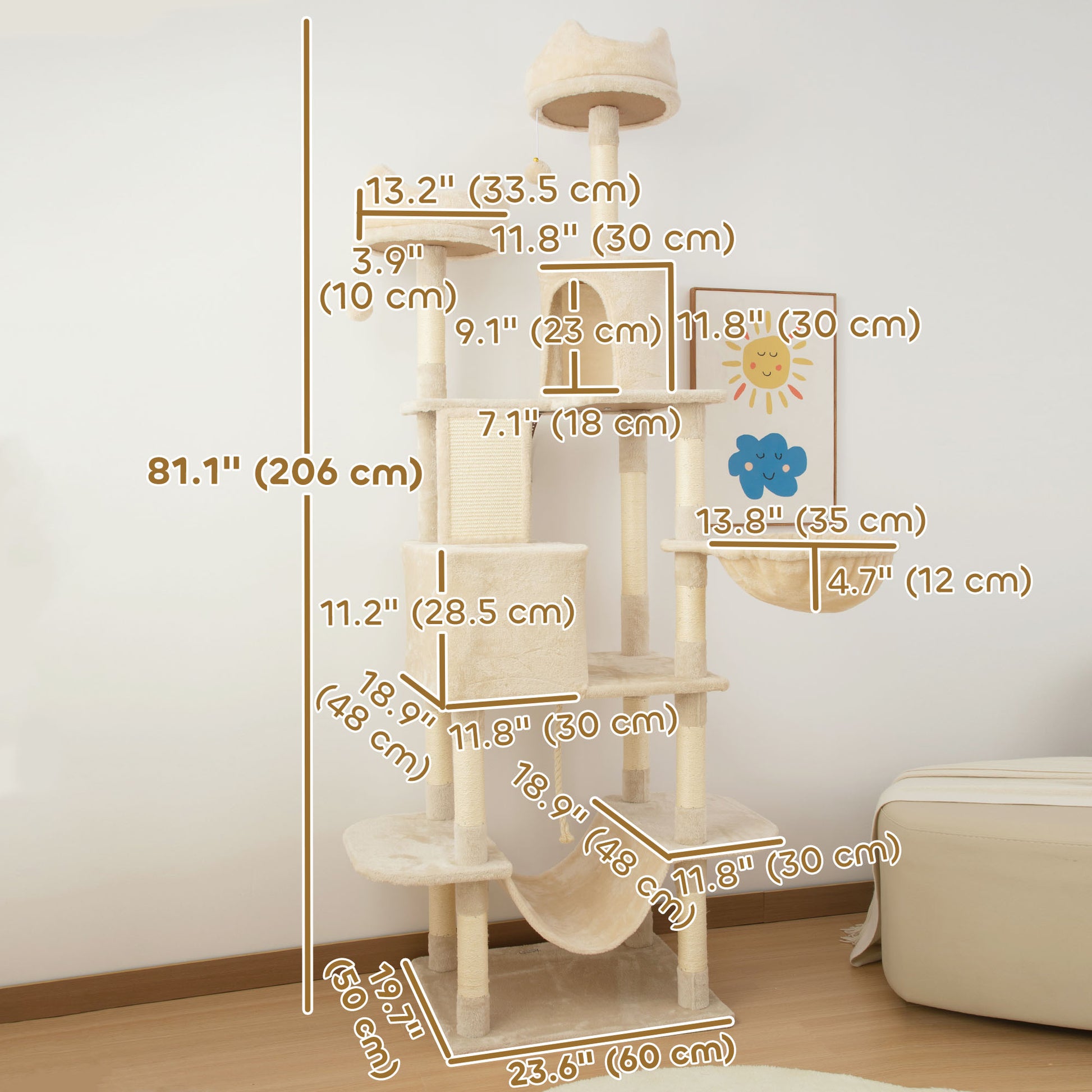 81" Large Cat Tree w/ Scratching Posts, Condos, Beds, Hammocks, Jumping Platforms, Toy Balls, Rope Cat Toy, Beige