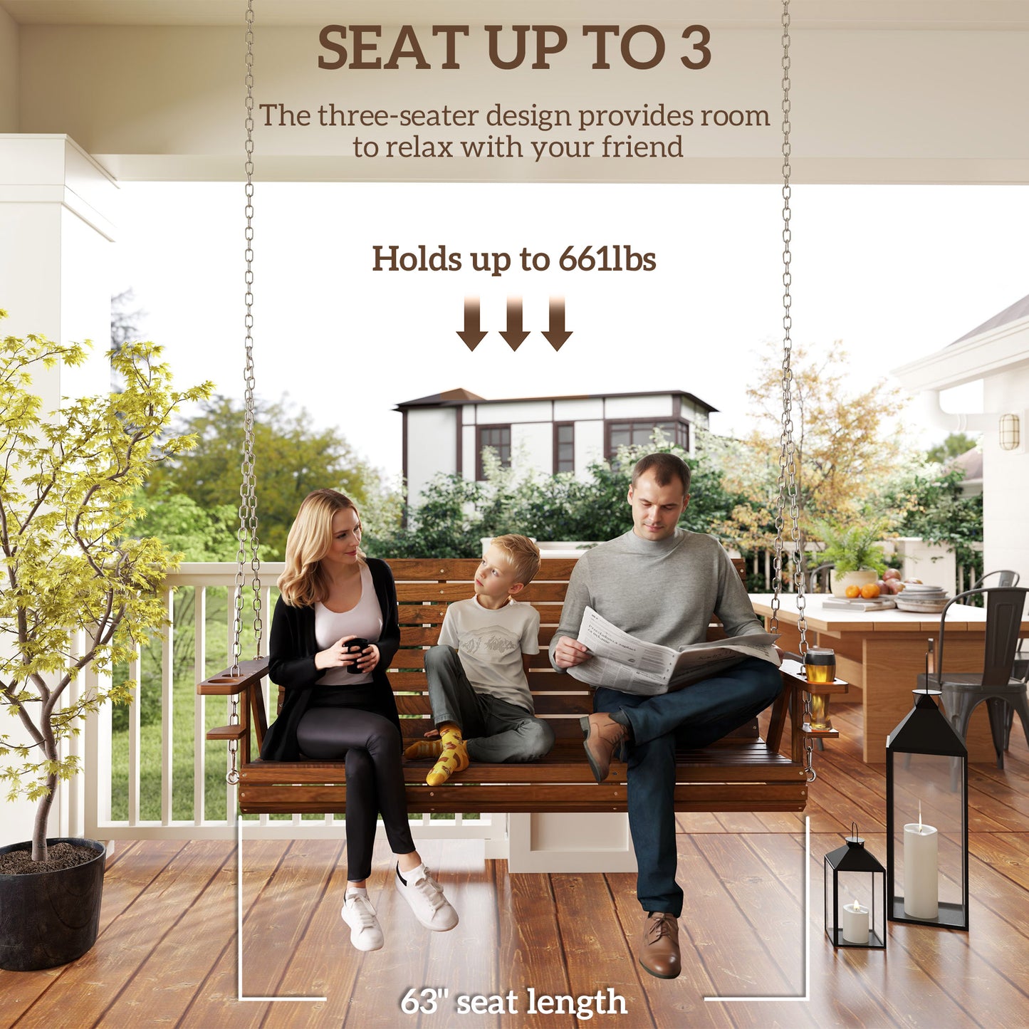 3-Seater Swing Bench, Wooden Porch Swing with Cupholders, Hanging Chains for Patio Garden, Carbonized