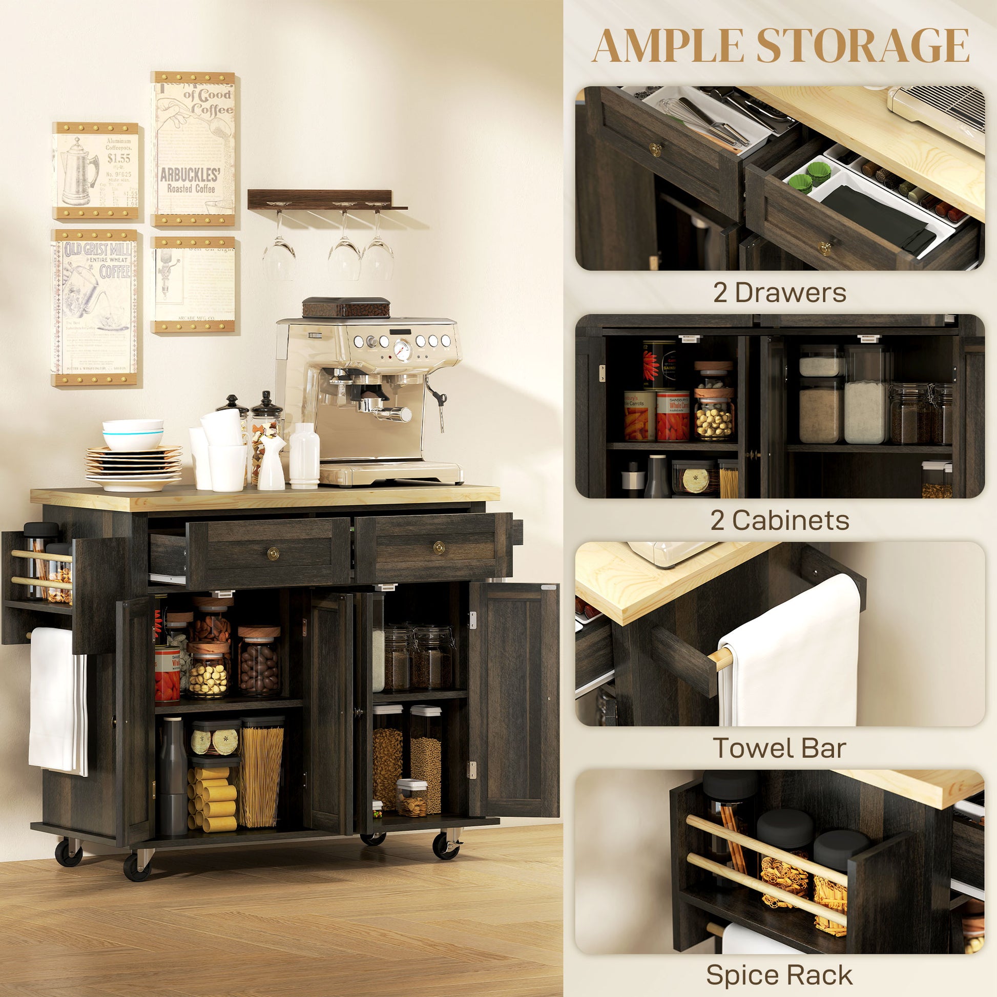 Kitchen Island with Storage, Rolling Trolley Cart with Rubber Wood Top, Spice Rack, Towel Rack, Brown Oak