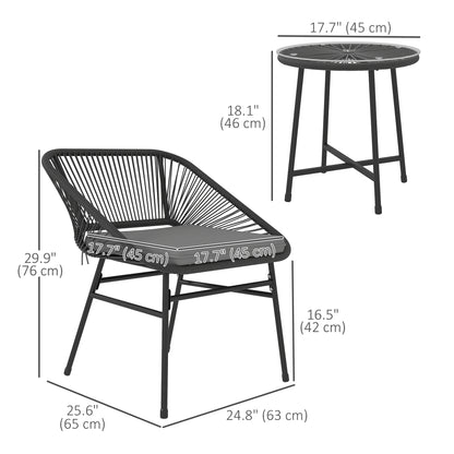 3 Piece Bistro Set, Wicker Outdoor Patio Furniture Set with Glass Top Table, Cushions for Balcony, Porch, Black