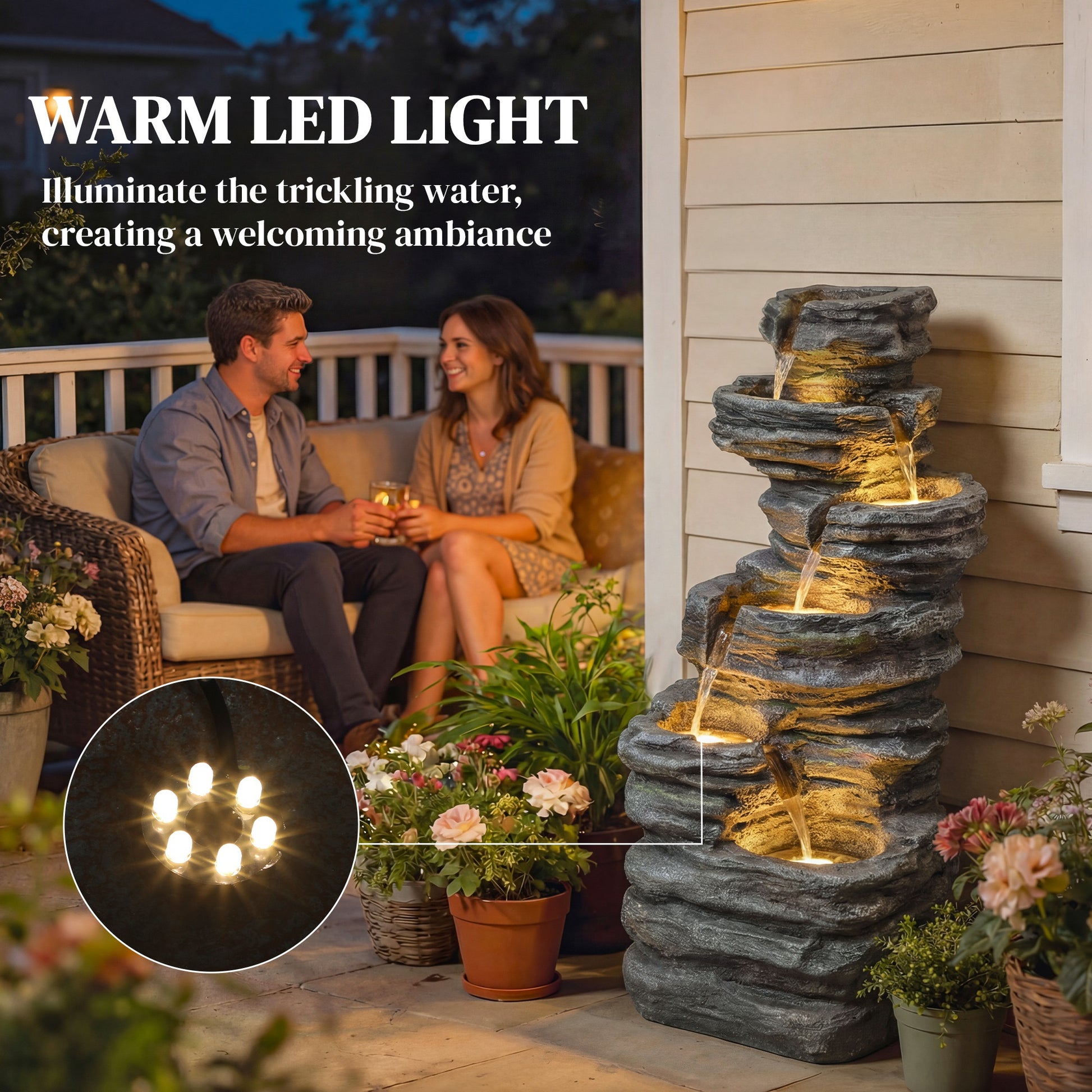 Outdoor 6-Tier Water Fountain, Waterfall Fountain with LED Lights, Resin Waterfall Feature with Pump, Grey