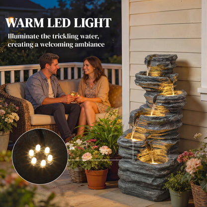 Outdoor 6-Tier Water Fountain, Waterfall Fountain with LED Lights, Resin Waterfall Feature with Pump, Grey