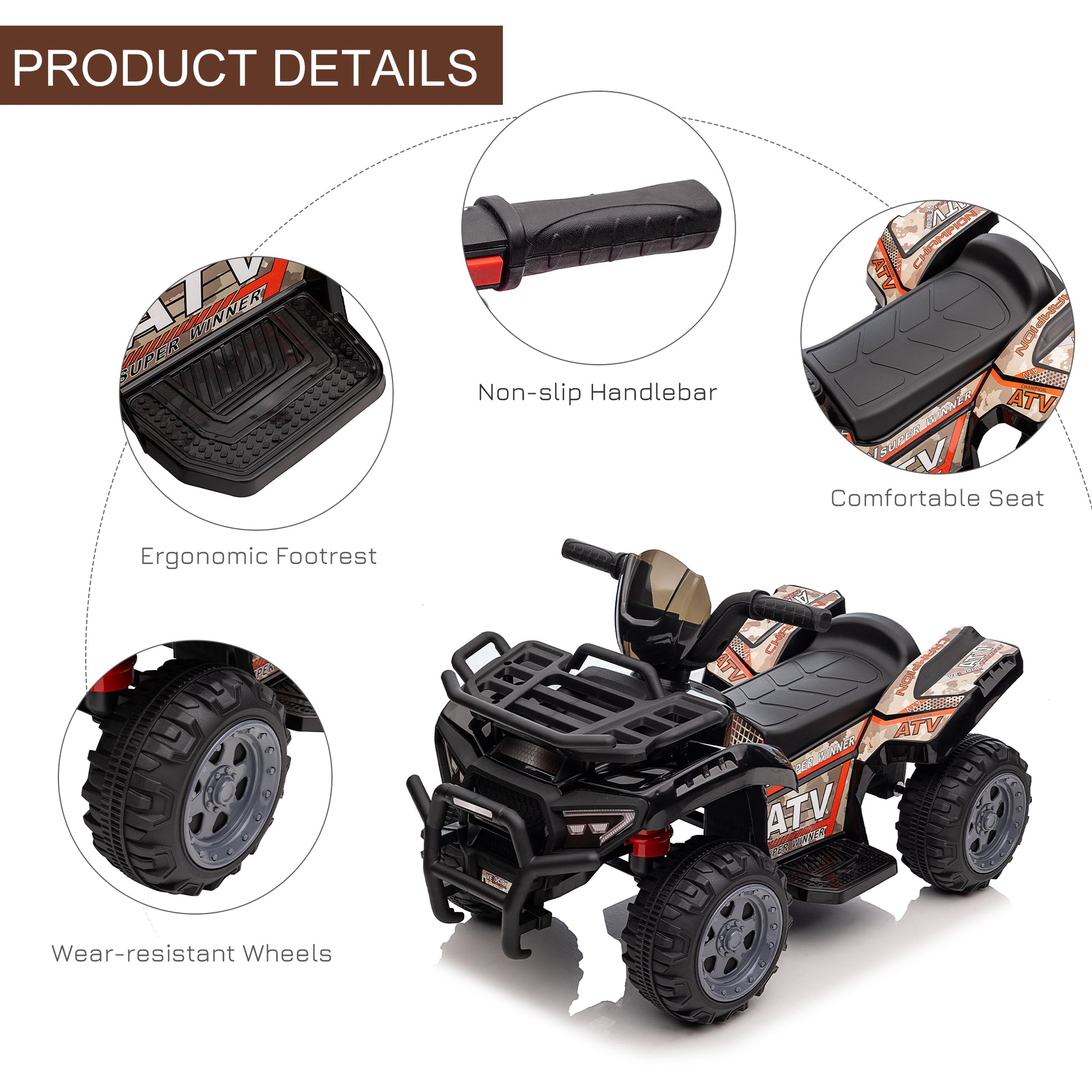 Aosom Kids Ride-on ATV Quad Bike Four Wheeler Car with Music, 6V Battery Powered Motorcycle for 18-36 Months, Black