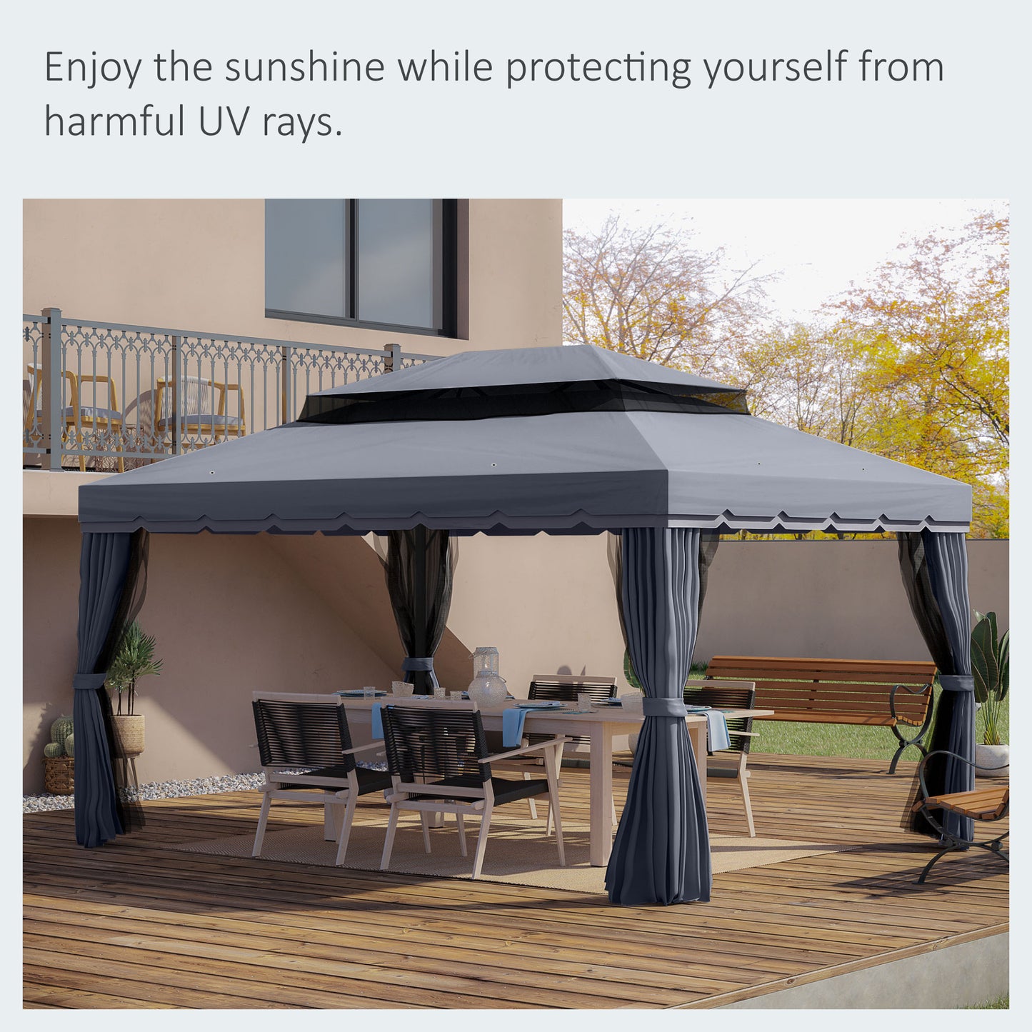 13' x 10' Patio Gazebo, Double Roof Outdoor Gazebo Canopy Shelter with Netting & Curtains, Strong Aluminum Frame, Dark Grey