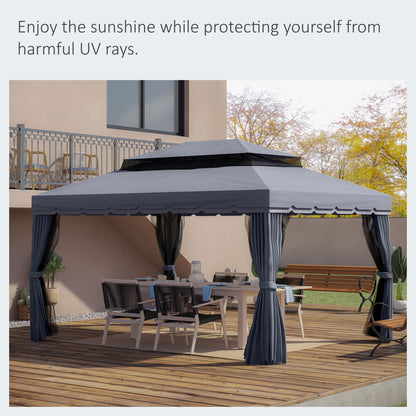 13' x 10' Patio Gazebo, Double Roof Outdoor Gazebo Canopy Shelter with Netting & Curtains, Strong Aluminum Frame, Dark Grey