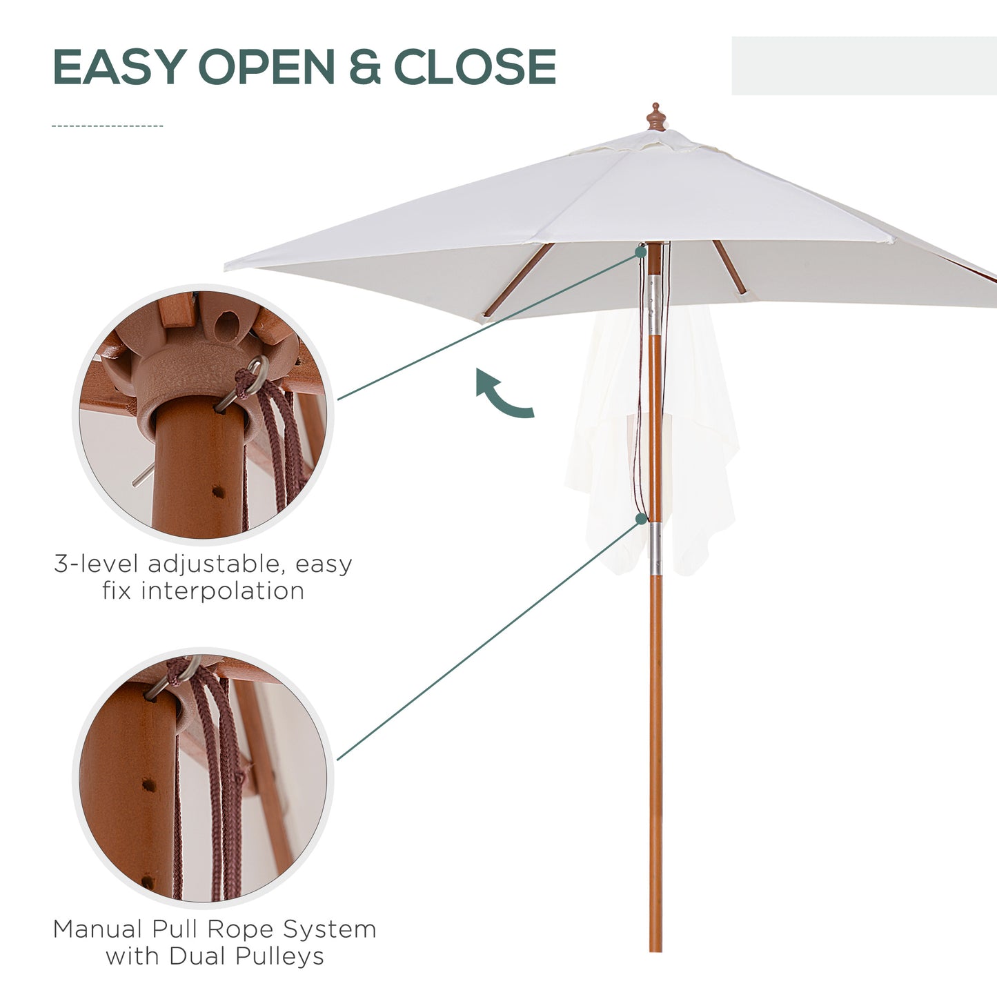 6.6x5ft Fir Wooden Patio Umbrella Square Market Parasol Tilt Mechanism 6 Ribs Garden Sunshade, Cream White