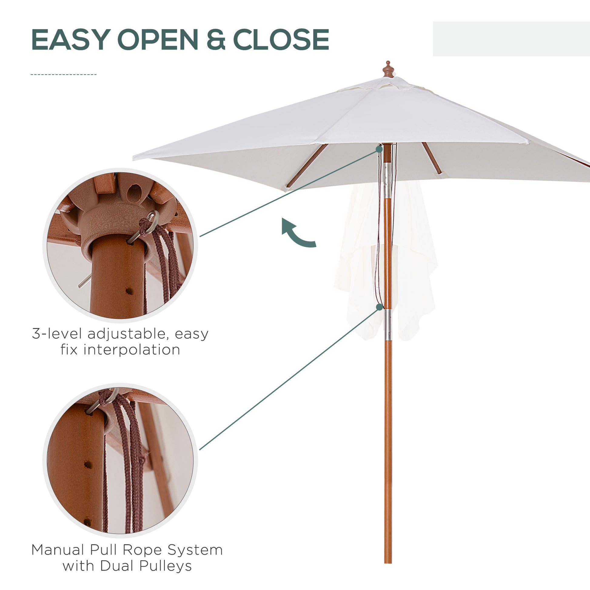 6.6x5ft Fir Wooden Patio Umbrella Square Market Parasol Tilt Mechanism 6 Ribs Garden Sunshade, Cream White