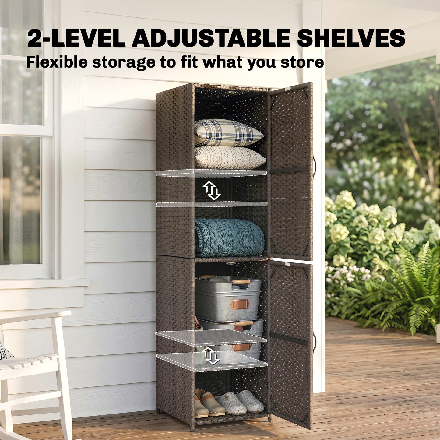 Wicker Outdoor Storage Cabinet, 4 Shelf Patio Storage Cabinet with Adjustable Shelves and Magnetic Doors, Brown
