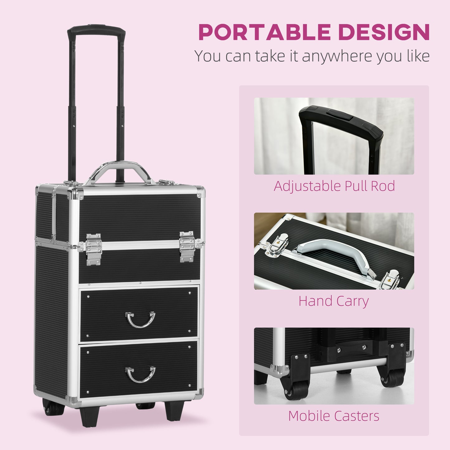 Aluminum Rolling Makeup Train Case, Portable Professional Cosmetic Makeup Case, Lockable Traveling Cart Trunk with Folding Trays, Swivel Wheels and Keys, Black