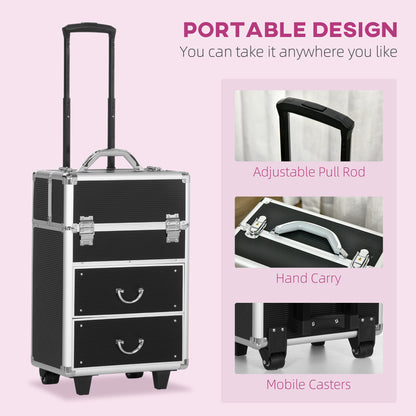 Aluminum Rolling Makeup Train Case, Portable Professional Cosmetic Makeup Case, Lockable Traveling Cart Trunk with Folding Trays, Swivel Wheels and Keys, Black