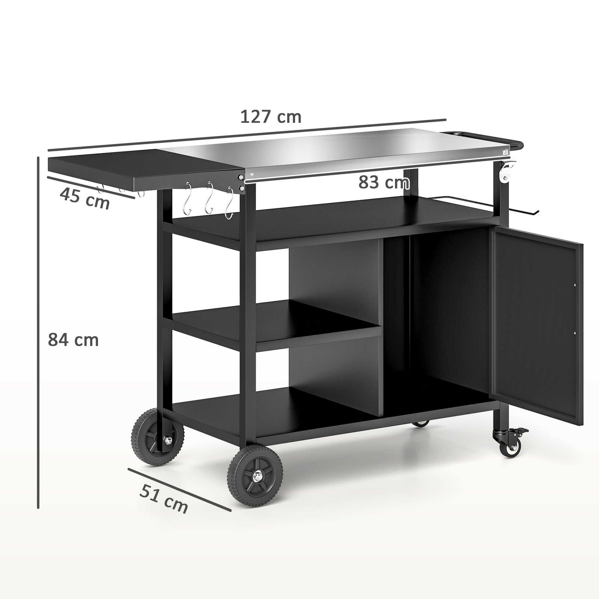 Outdoor BBQ Stand with Foldable Side Table, Stainless Steel Top, Pizza Oven Table with Wheels Hooks Shelves