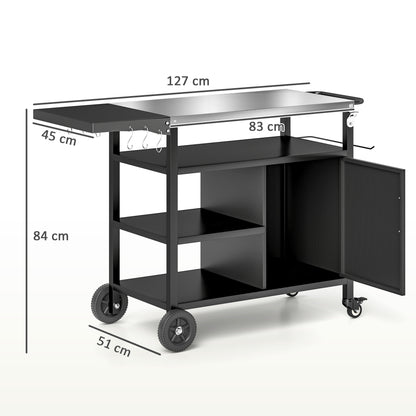 Outdoor BBQ Stand with Foldable Side Table, Stainless Steel Top, Pizza Oven Table with Wheels Hooks Shelves