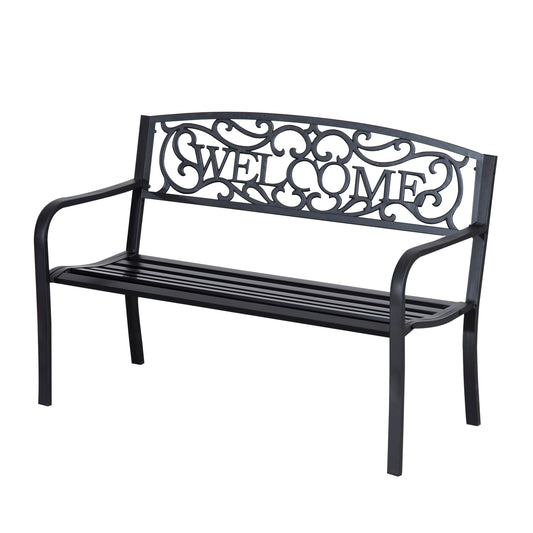 50" 2-Seater Garden Bench, Patio Decorative Chair Metal Backyard Loveseat Outdoor Furniture for Yard, Lawn, Porch, Black