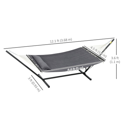 2 Person Hammock Quilted Double Hammock with Stand Pillow Spreader Bars for Outdoor Camping Beach, Dark Grey