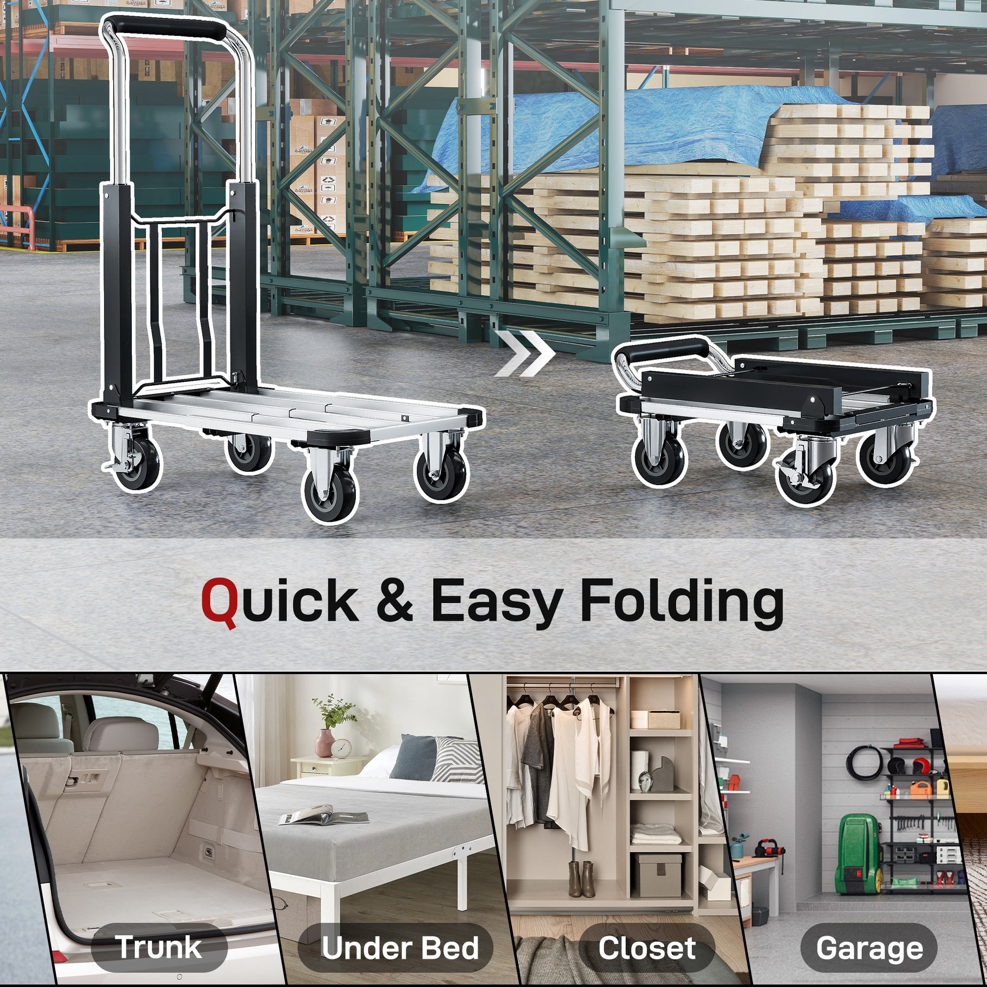 330 lbs Heavy Duty Hand Truck, Folding Trolley, Dolly with Adjustable Handle and Extendable Platform, Silver and Black