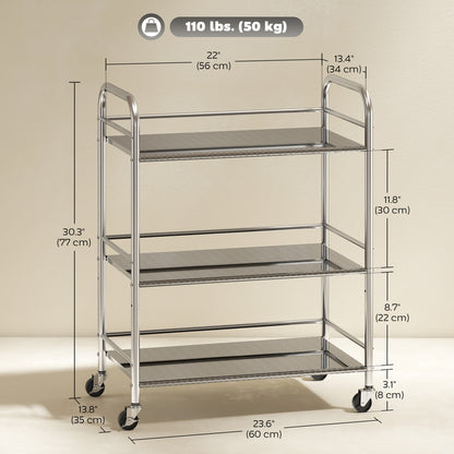 3 Tier Stainless Steel Rolling Cart with Adjustable Shelf, Utility Cart on Wheels with Handles for Kitchen, Silver