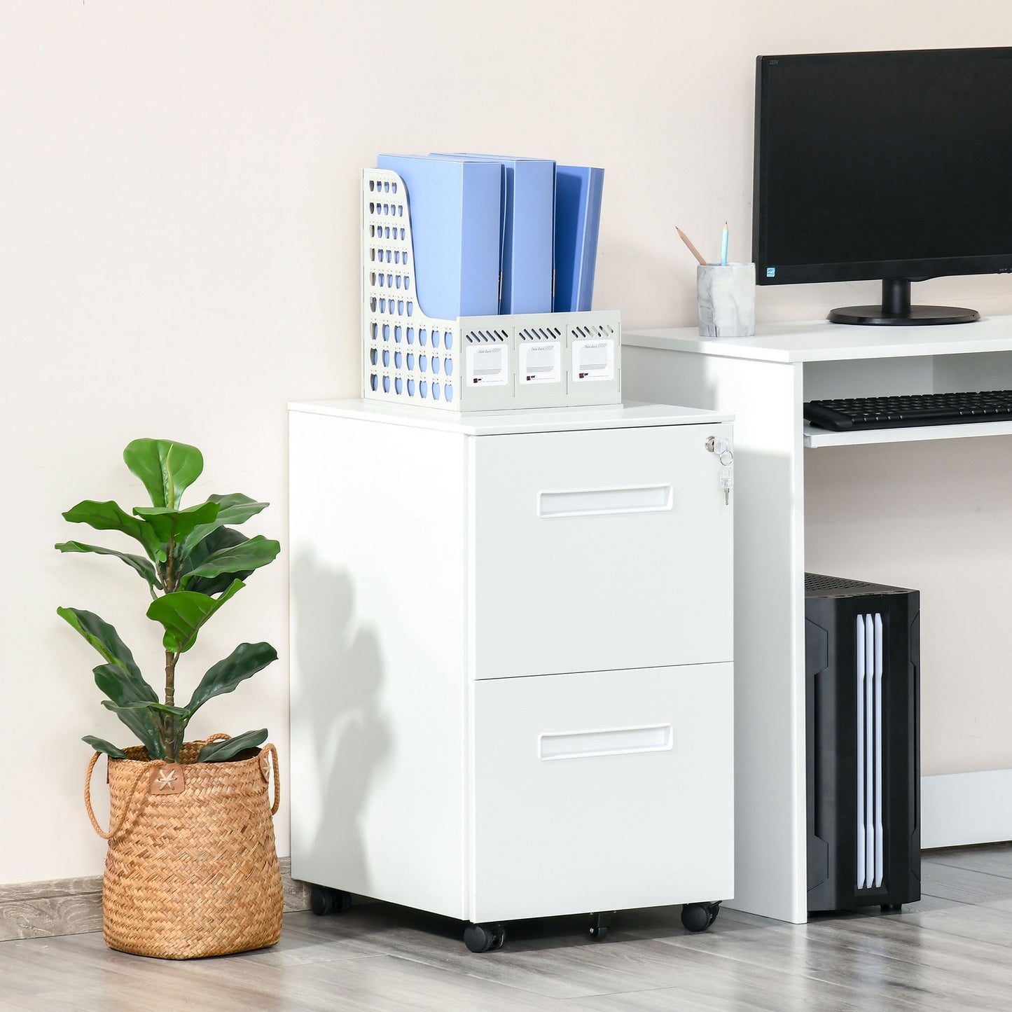 File Cabinet, Vertical Filing Cabinet with Adjustable Partition for A4 Letter Size, Lockable for Office, White