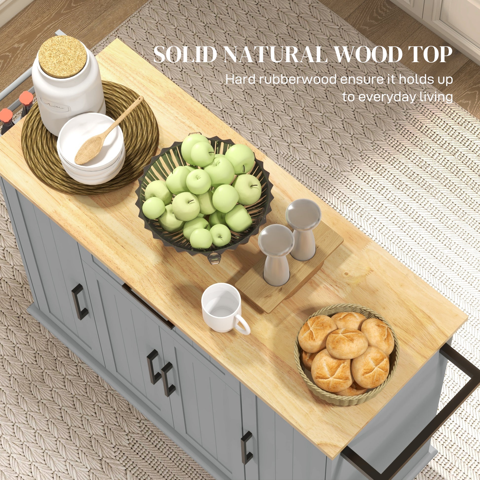 Modern Rolling Kitchen Island Cart with Drawers, Natural Wood Top, Towel Rack, Door Storage Cabinet, Grey