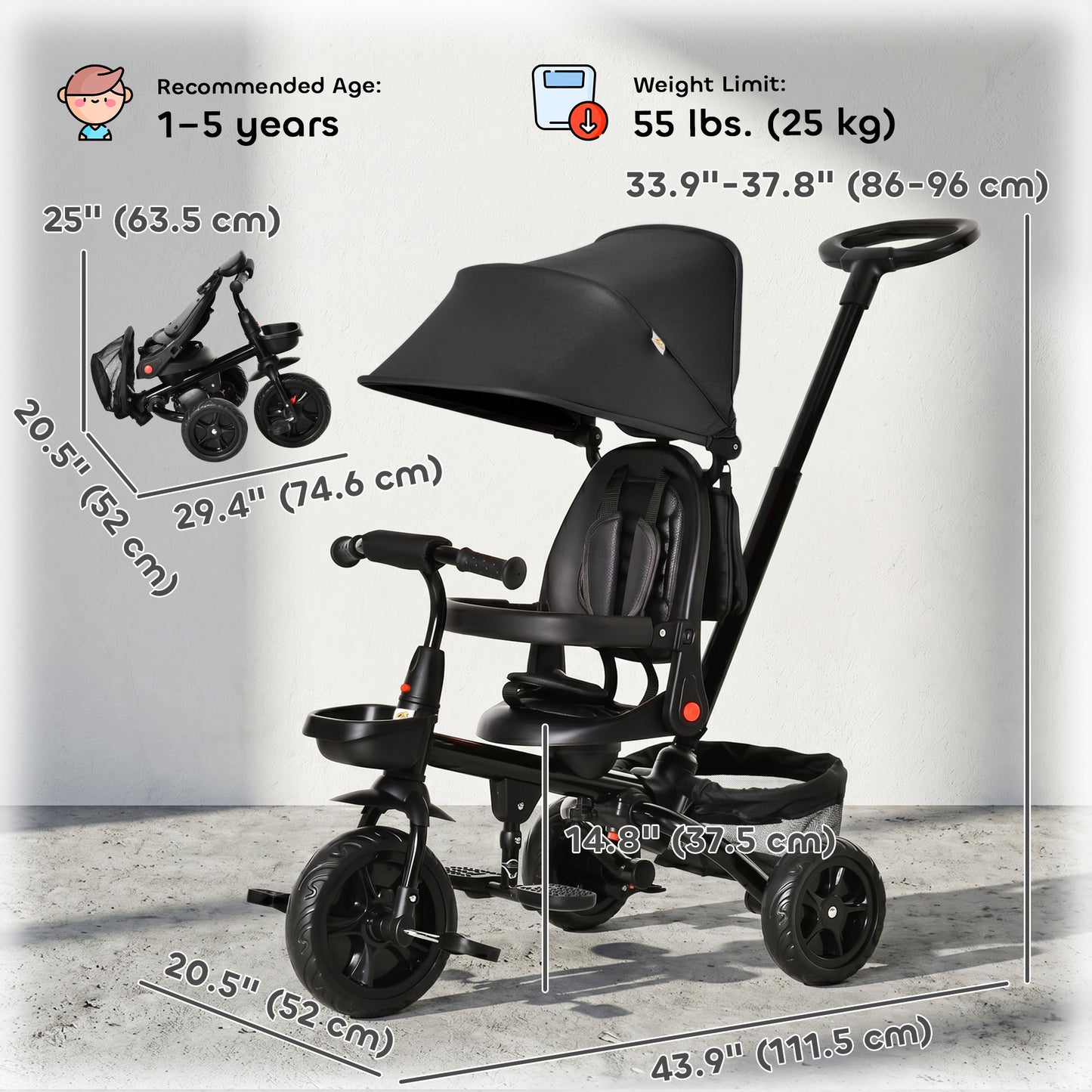 Qaba Tricycle for Toddler 4 in 1 Kids Trike, Foldable Converts Stroller to Toddler Bike, Adjustable Backrest & Curved Canopy, Detachable Guardrail & Handle for 1-5 Years Old, Black