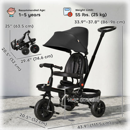 Qaba Tricycle for Toddler 4 in 1 Kids Trike, Foldable Converts Stroller to Toddler Bike, Adjustable Backrest & Curved Canopy, Detachable Guardrail & Handle for 1-5 Years Old, Black