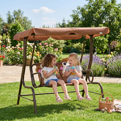 2-Seat Kids Porch Swing Chair, Children Outdoor Patio Furniture Lounge Chair for Garden, with Adjustable Canopy, Seat Belt, Monkey Pattern, for 3-6 Years Old, Coffee