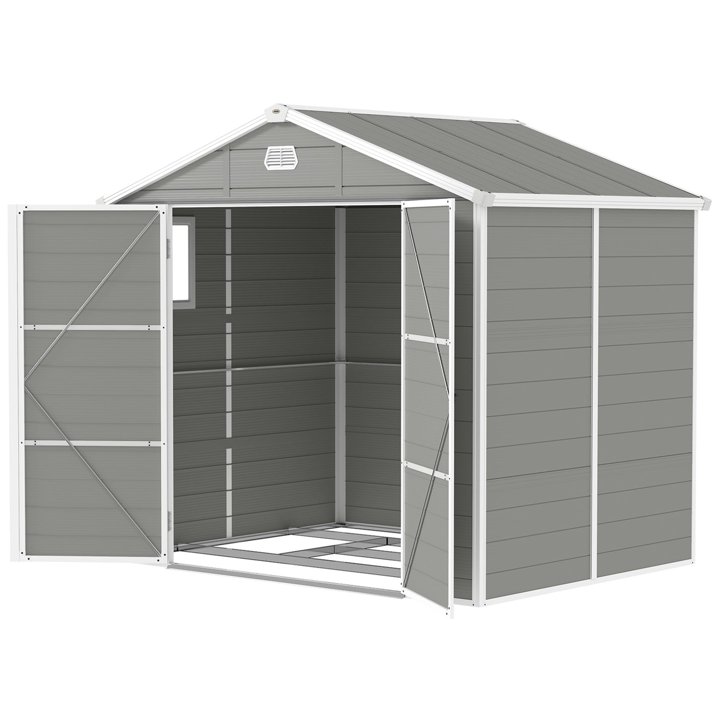 8' x 6' Plastic Garden Storage Shed with Latch Door, Vents, Sloped Roof, Light Grey