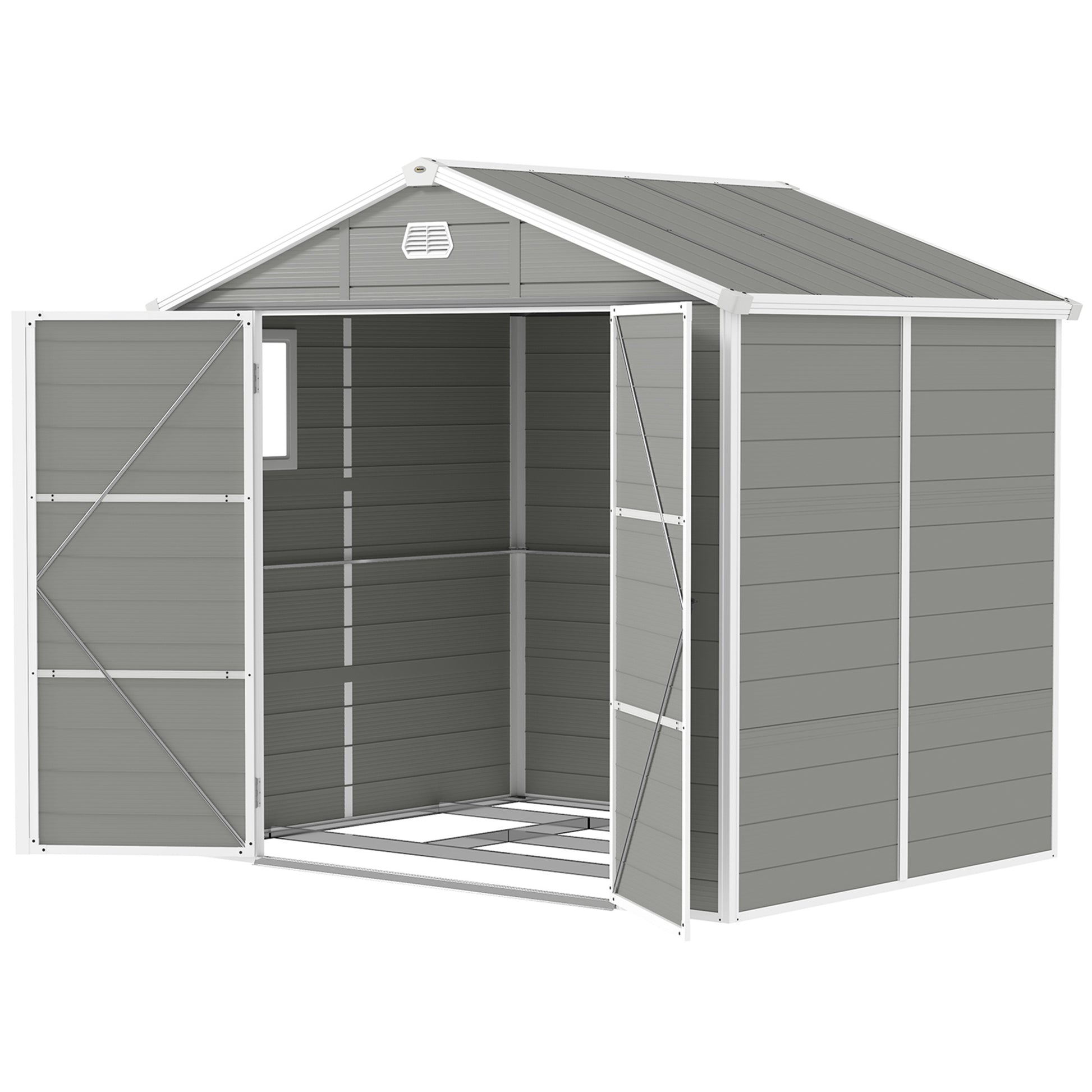 8' x 6' Plastic Garden Storage Shed with Latch Door, Vents, Sloped Roof, Light Grey