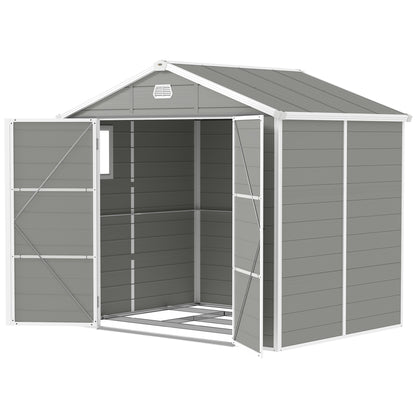 8' x 6' Plastic Garden Storage Shed with Latch Door, Vents, Sloped Roof, Light Grey