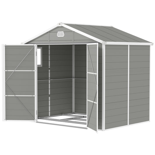 8' x 6' Plastic Garden Storage Shed with Latch Door, Vents, Sloped Roof, Light Grey