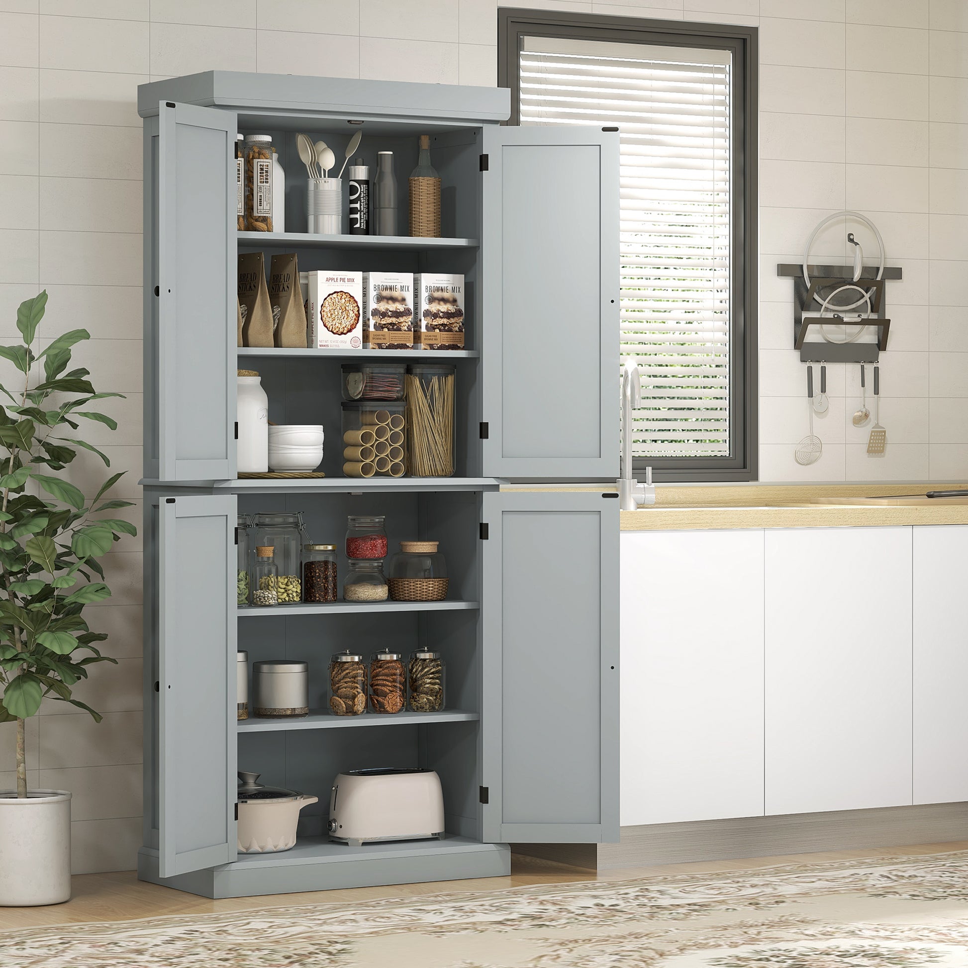 72.5" Freestanding Kitchen Pantry Cabinet with 4 Doors, Grey