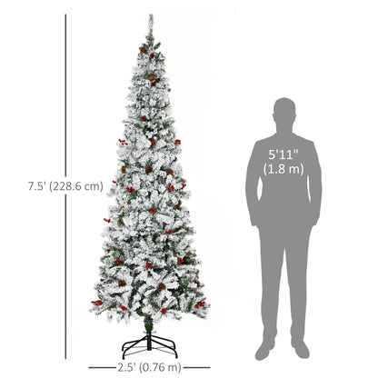 7.5 Foot Pencil Snow Flocked Artificial Christmas Tree with 950 Pine Realistic Branches, Pine Cones, Red Berries, Auto Open, Green
