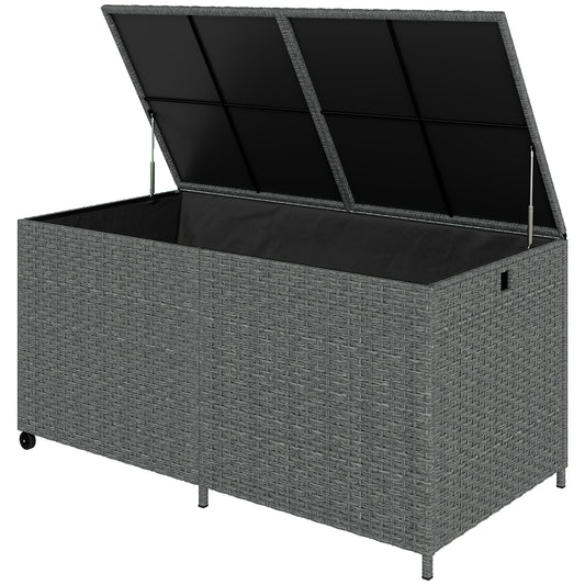 162 Gallon Rattan Deck Box with Wheels, Wicker Outdoor Storage Box with Waterproof Zippered Liner, Safe Pneumatic Rod