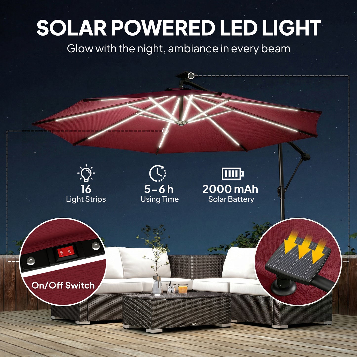 10 ft Offset Patio Umbrella with Solar Light, Garden Hanging Parasol with 360° Rotation, Tilt, Cover, Wine Red