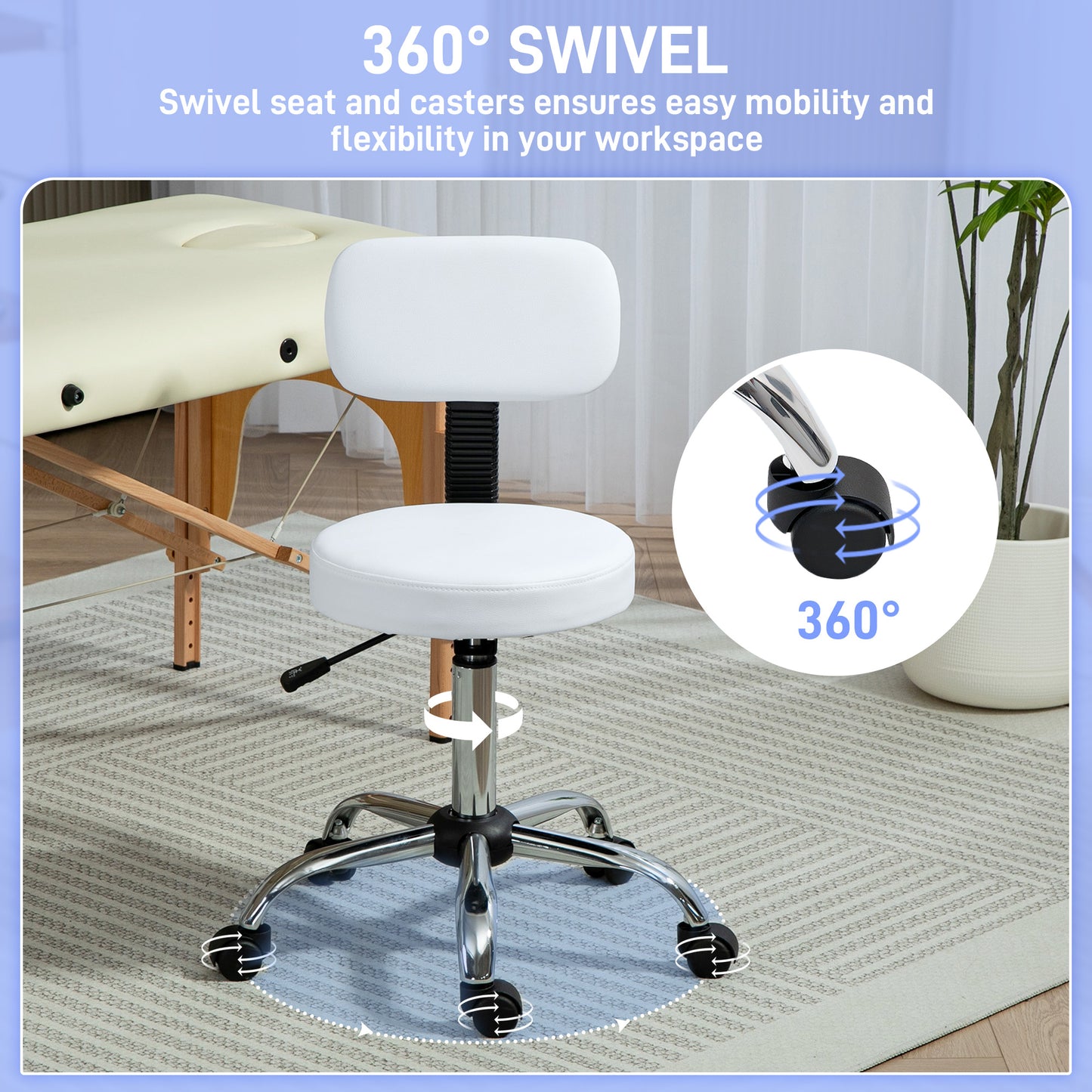 Adjustable Rolling Stool with Removable Backrest, Faux Leather Swivel Stool Chair for Salon Spa, Bar, Massage, White