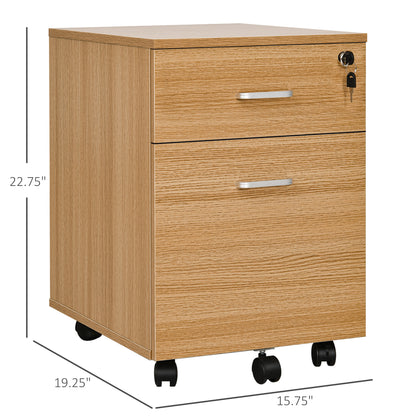 2 Drawer File Cabinet with Lock and Keys, Mobile Vertical Filing Cabinet with Wheels and Drawers, Home Office Cabinet, Natural