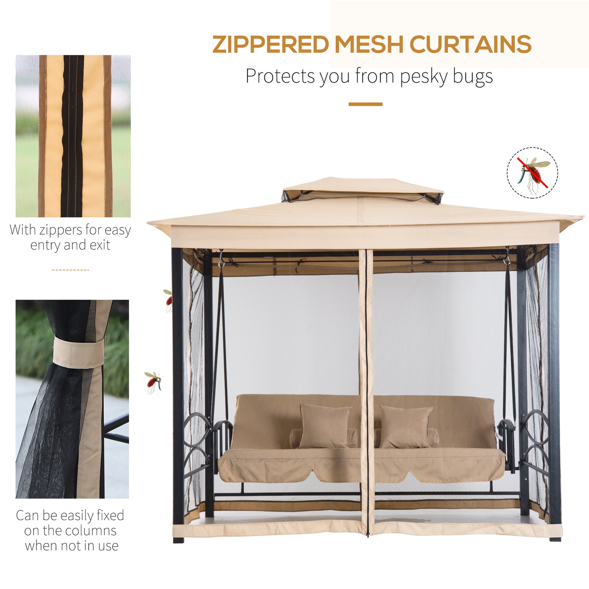 3 Person Outdoor Patio Daybed 3 in 1 Canopy Gazebo Swing Chair Garden Hammock with Mesh Mosquito Net and Sun Shade, Beige