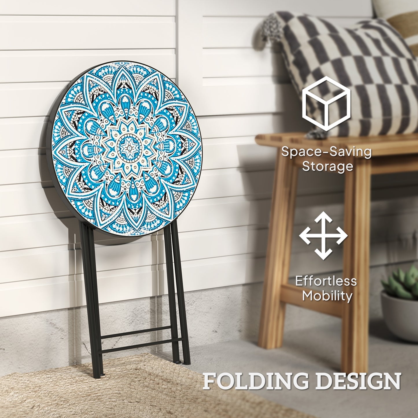 Mosaic Outdoor Patio Side Table, 14" Round Folding Outdoor Coffee Table with Steel Frame for Balcony Deck Patio Terrace, Blue