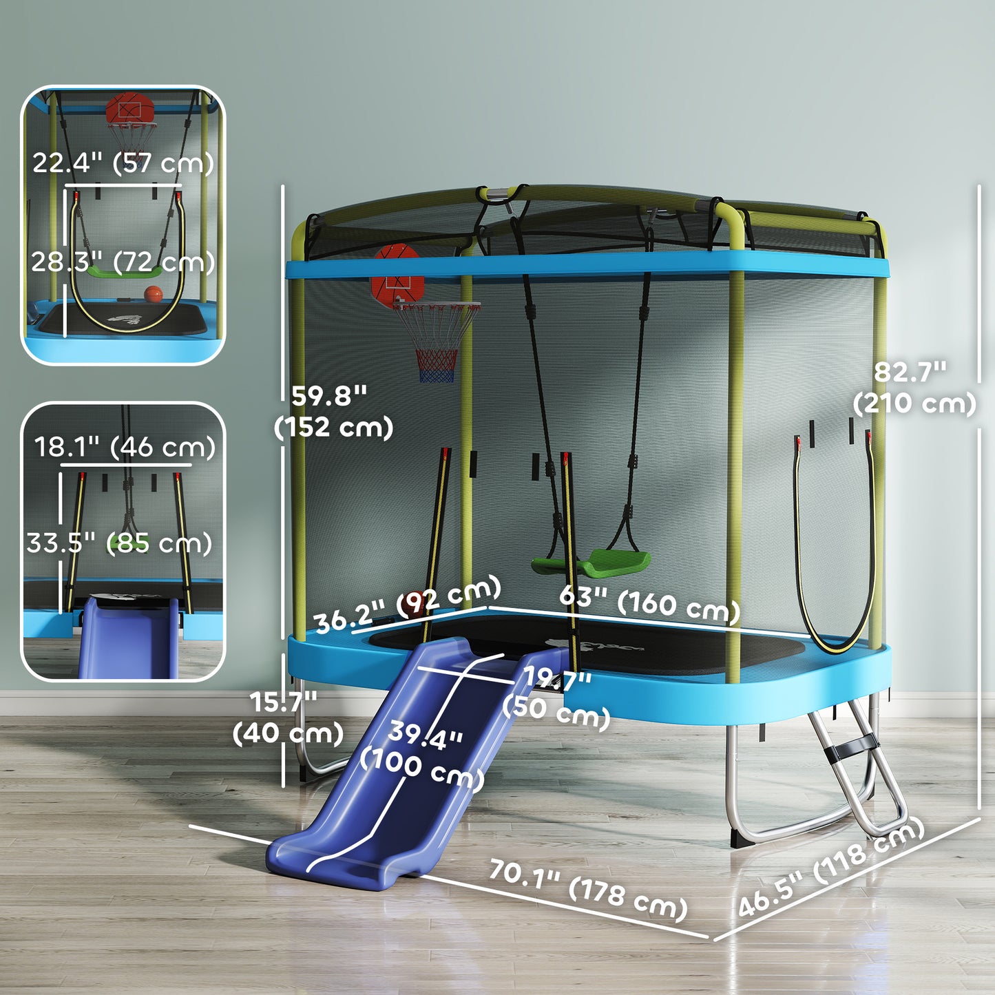 Qaba 70" x 47" Trampoline for Kids Indoor & Outdoor with Slide, Swing, Basketball Hoop and Safety Enclosure, Light Blue