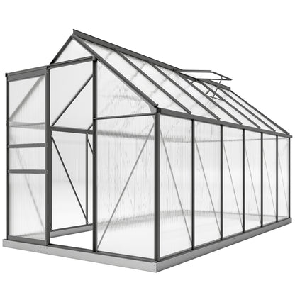 6' x 12' x 6.5' Polycarbonate Greenhouse, Walk-in Green House with Adjustable Roof Vent Galvanized Base Sliding Door Rain Gutter for Outdoor Garden Backyard, Charcoal Grey