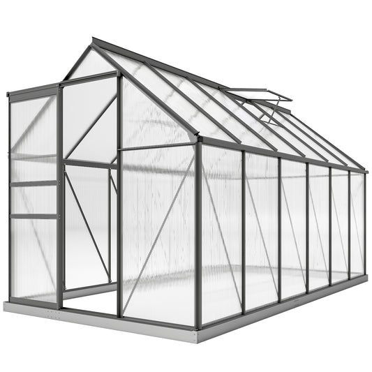 6' x 12' x 6.5' Polycarbonate Greenhouse, Walk-in Green House with Adjustable Roof Vent Galvanized Base Sliding Door Rain Gutter for Outdoor Garden Backyard, Charcoal Grey