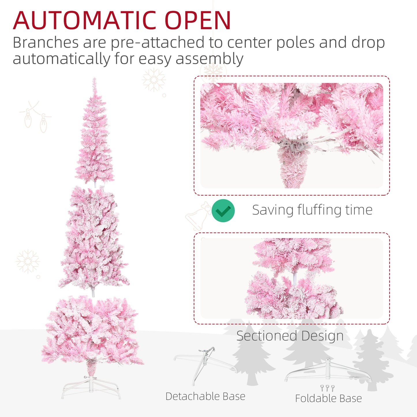 7.5 Foot Prelit Snow Flocked Artificial Christmas Tree with Pencil Shape, 700 Pine Realistic Branches, Warm White LED lights, Auto Open, Pink and White