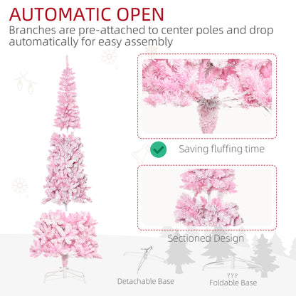 7.5 Foot Prelit Snow Flocked Artificial Christmas Tree with Pencil Shape, 700 Pine Realistic Branches, Warm White LED lights, Auto Open, Pink and White